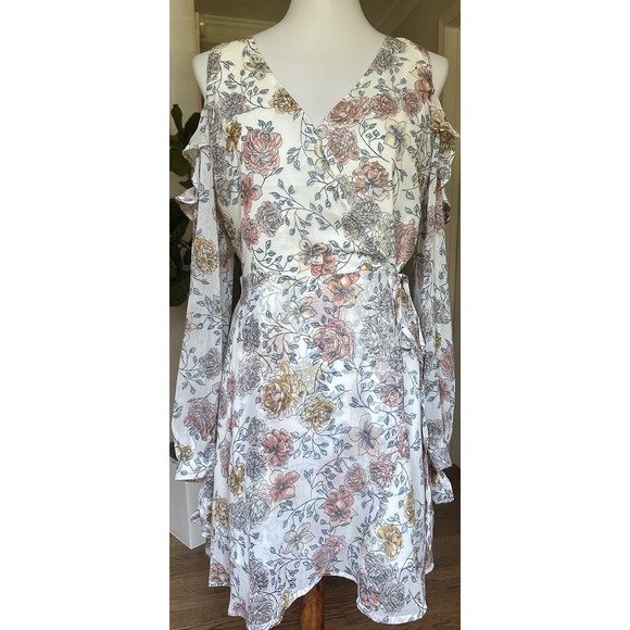 J.O.A. Floral Cold Shoulder Wrap Mini Dress Women's Medium Long Sleeve Lined - Picture 2 of 10